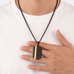 Dog tag necklace for black stainless steel with golden vertical strip with end gold on Cuban chain. 2