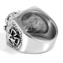 Close up on the ring side of the knight with pyramid and stainless steel death head.