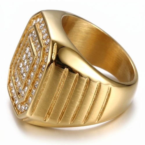 Close up on the neat crimping of sparkling crystals in zirconium oxide and side of the golden steel knight.