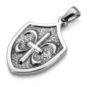Close-up on the textured details and the relief of the Lys Flower cross on the stainless steel shield.