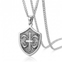 Men's pendant collar in stainless steel shield with cross flower of lilies in relief.