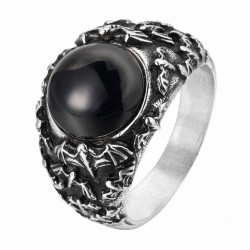 Stainless steel Gothic Men's Knight with Central Black Stone and Bat Patterns in Relief.