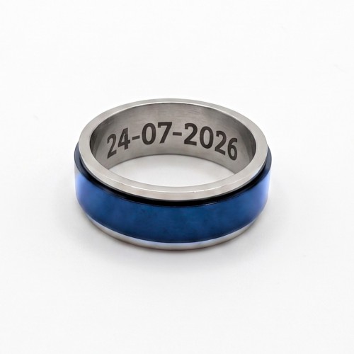 Bague anti-stress tournante en acier inoxydable bleue personnalisée par une gravure intérieure au laser