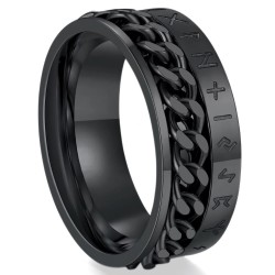Anillo de hombre antiestrés en acero inoxidable negro con alfabeto rúnico vikingo y cadena rotativa central.