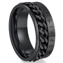 Anillo de hombre antiestrés en acero inoxidable negro con alfabeto rúnico vikingo y cadena rotativa central.