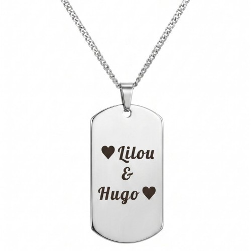 Pendentif dogtag plaque militaire pour homme en acier à effet miroir avec une gravure personnalisée au laser