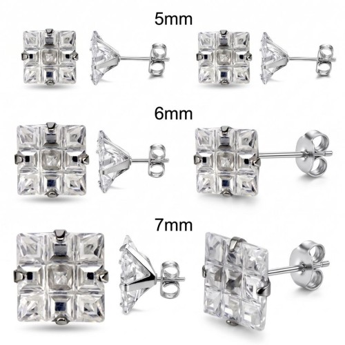 Steel chip earrings with white diamond divided into nine squares existing stained glass in diameter 5mm, 6mm and 7mm