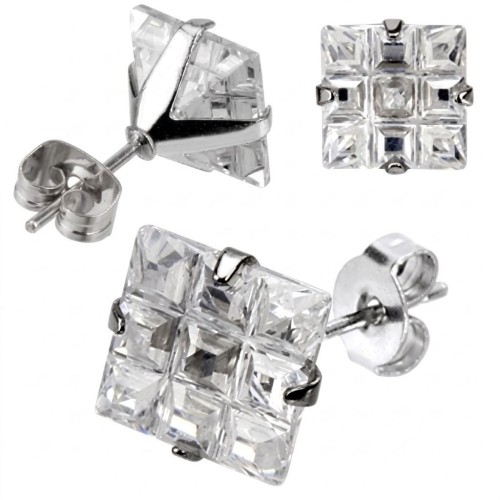 Viste diverse di questi orecchini in acciaio inossidabile con diamante bianco diviso in nove bicchieri colorati quadrati
