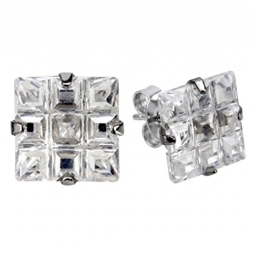 Paire de boucles d'oreilles en acier inoxydable avec diamant blanc divisé en neuf carrés façon vitrail
