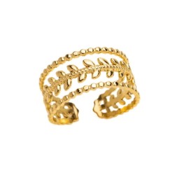 Bague ajustable pour femme en acier doré avec motif ajouré de feuilles de laurier et bordures perlées.