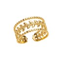 Anillo de esposa ajustable en acero dorado con patrón de puertas abiertas de hojas de laurel y fronteras con cuentas.