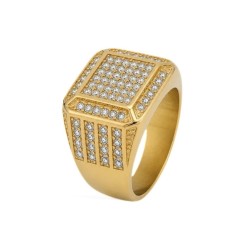 Chevalière en acier inoxydable dorée sertie de pavés de cristaux en oxyde de zirconium, pour un style bling bling