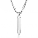 Collier militaire pour homme en acier inoxydable avec pendentif en forme de balle de revolver sur sa chaîne.