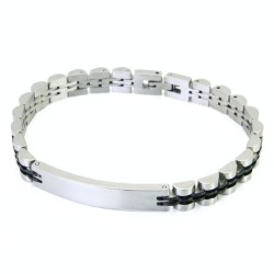 Gourmette pour homme en acier inoxydable 316L bicolore argenté et noir, maille style montre avec plaque vierge à graver.