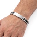 Bracelet gourmette pour homme en acier inoxydable 316L bicolore argenté et noir, avec maille style montre et plaque à graver.