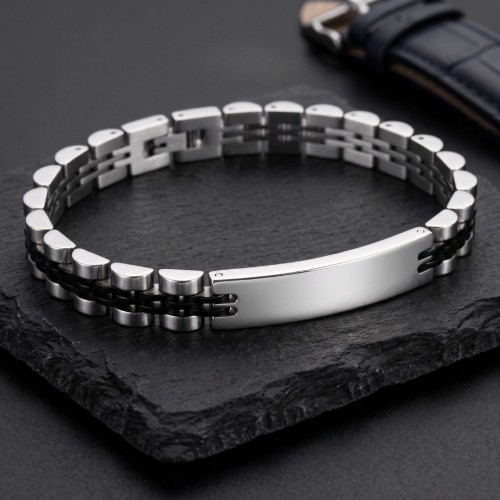 Dettagli di Gourmette personalizzabili per uomo in argento 316L e acciaio inossidabile nero, con orologio in stile mesh.