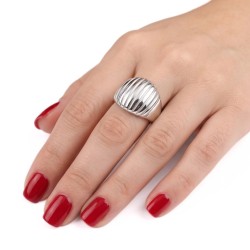 Big largest stainless steel woman ring with sculptural pattern shaped dome seashell and parallel grooves. 2