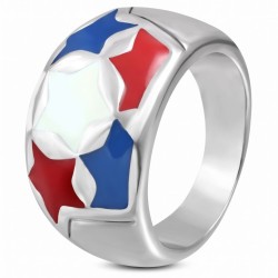 Große Edelstahlfrau, die mit blauen, weißen, roten Flaggen-roten Sternen oder USA verziert ist.