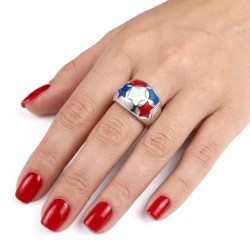 Big stainless steel woman decorated with blue, white, red flag red stars or USA. 2