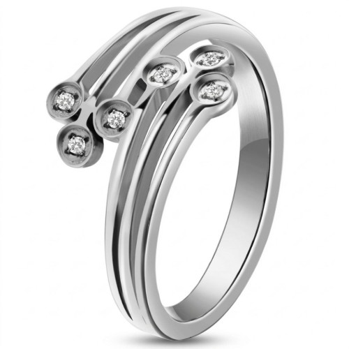 Frauen-Edelstahl-Verlobungsring mit drei Furchen-Münzring und mit Zirkoniumsteinen eingestellt.