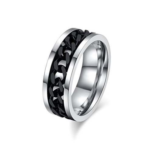 Bague anneau en acier inoxydable homme chaine noire rotative anti-stress
