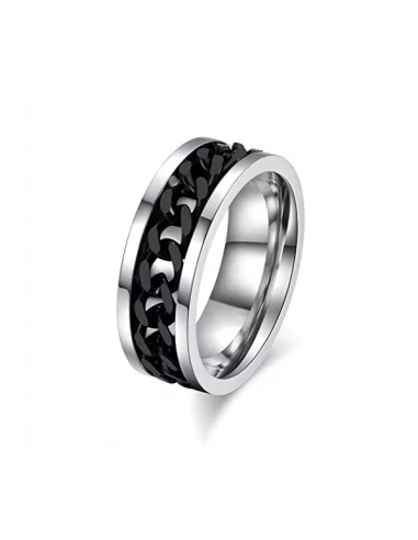 Bague anneau en acier inoxydable homme chaine noire rotative anti-stress