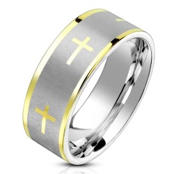 Two-tone-bicolor ring with brushed steel decorated with golden latin cross, customizable by laser interior engraving.