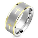 Bague bicolore pour homme en acier brossé ornée de croix latines dorées, personnalisable par une gravure intérieure au laser.