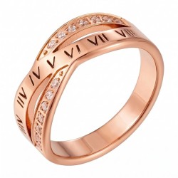 Anello per le donne in acciaio inossidabile oro roseo, design due anelli di casceni con numeri romani e cristalli scintillanti.