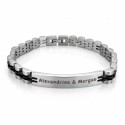 Gourmette en acier inoxydable bicolore argentée et noire en maille style montre, avec plaque personnalisable gravure au laser