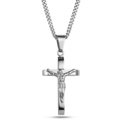 Crucifix cross pendant made of silver steel suspended from its cuban chain of 2mm thick, customizable on the back.