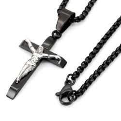 Herrenanhänger mit schwarzem Stahlkreuz, silberner Christus in der Linderung und Weizenkorn-Mesh-Kette.