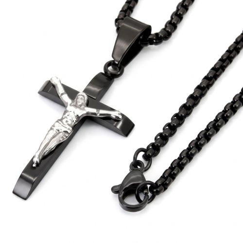 Men's Pendant with Black Steel Cross, Silver Christ in Relief and Wheat Grain Mesh Chain.