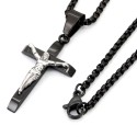 Herrenanhänger mit schwarzem Stahlkreuz, silberner Christus in der Linderung und Weizenkorn-Mesh-Kette.