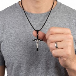 Herrenanhänger mit schwarzem Stahlkreuz, silberner Christus in der Linderung und Weizenkorn-Mesh-Kette. 2