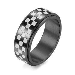 Bague anti-stress pour homme en acier inoxydable massif noir de 8 mm de large, avec anneau rotatif à damier blanc et noir.