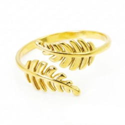 Bague ajustable pour femme en acier inoxydable doré, caractérisée par un anneau ouvert et un motif de deux feuilles texturées