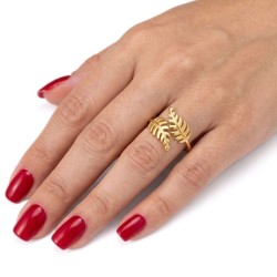 Bague ajustable pour femme en acier inoxydable doré, caractérisée par un anneau ouvert et un motif de deux feuilles texturées 2