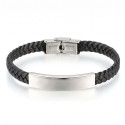 Bracelet for children, boy and man in black braided leather, with a virgin stainless steel central plate to burn.