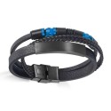 Herrenarmband aus geflochtenen Leder und flach mit Magnetschliefter, Burn-Platte und Zylinder in schwarzem und blauem Stahl.