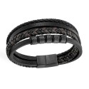 Vue détails du bracelet homme à 4 rangs avec son fermoir en acier noir prêt à être gravé et de cordons de cuir noir et marron.