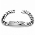 Gourmet para el hombre hecho de acero inoxidable de malla cubano brillante, con una placa central adornada con una cruz latina.