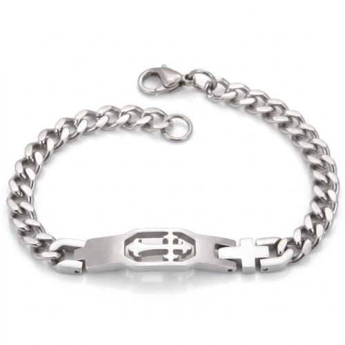 Gourmet for man in Cuban mesh stainless steel, with an openwork central plate forming a trafted Latin cross.