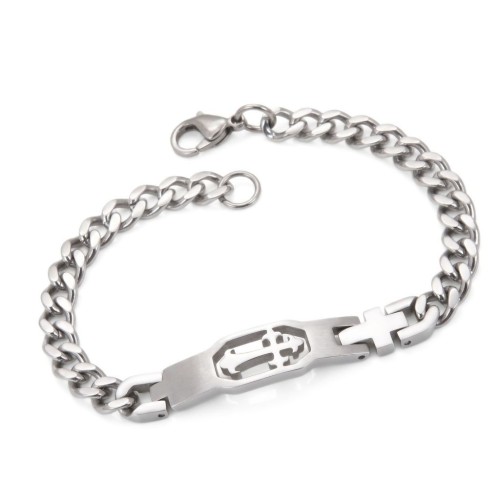 Gourmette man made of Cuban mesh stainless steel, with an openwork central plate forming a trafted latin cross.