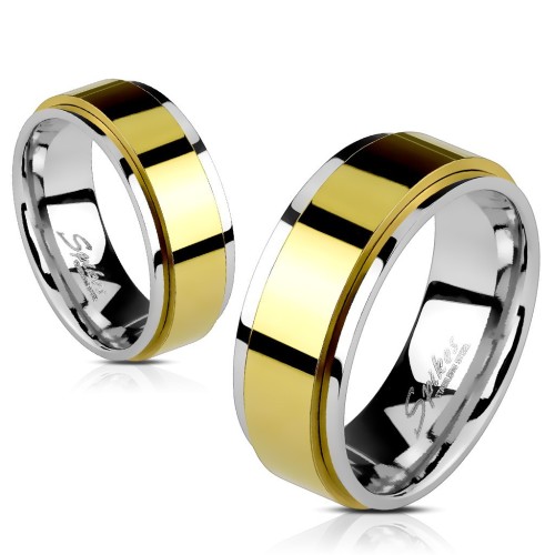 Bague anneau couple homme femme acier bords couleur or jaune tournante