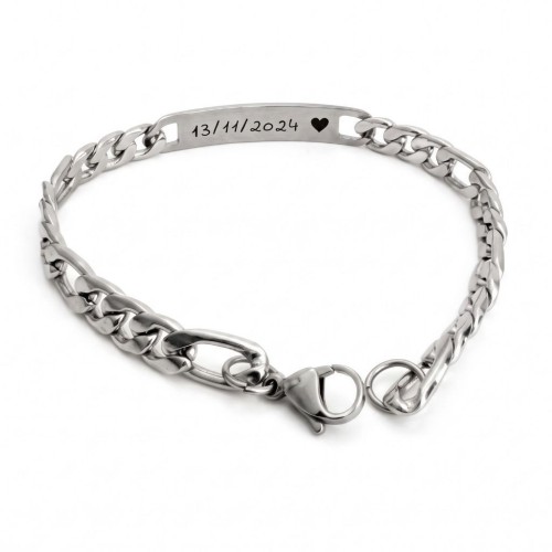 Bracelet pour homme en maille figaro en acier inoxydable, avec une plaque personnalisée par une gravure au laser