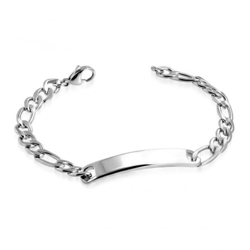 Pulsera gourmet de acero inoxidable, que consta de una malla FIGARO de 7 mm y una placa lisa personalizable.