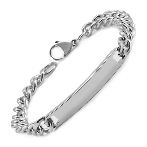 View of the steel gourmette for men, illustrating the detail of the links of the Cuban mesh and the customizable plate.