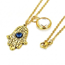 Adornment with Fatma hand pendant, central blue eye, faceted stone, golden stainless steel charm.