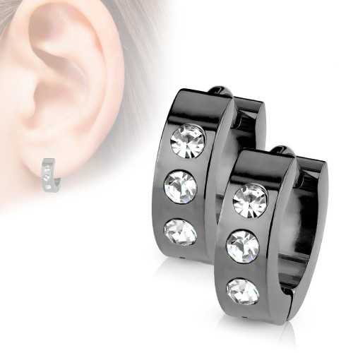 Pair Black Steel Men's Créoles Earrings set with 3 rhinestones